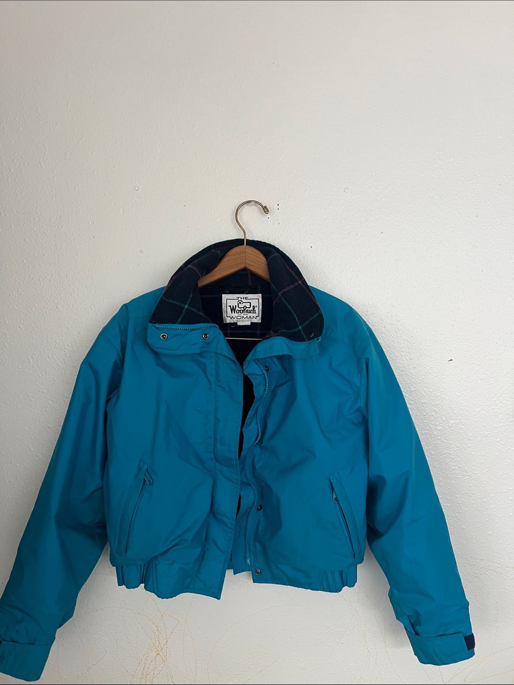 Woolrich Teal Blue Bomber Jacket with Plaid Collar